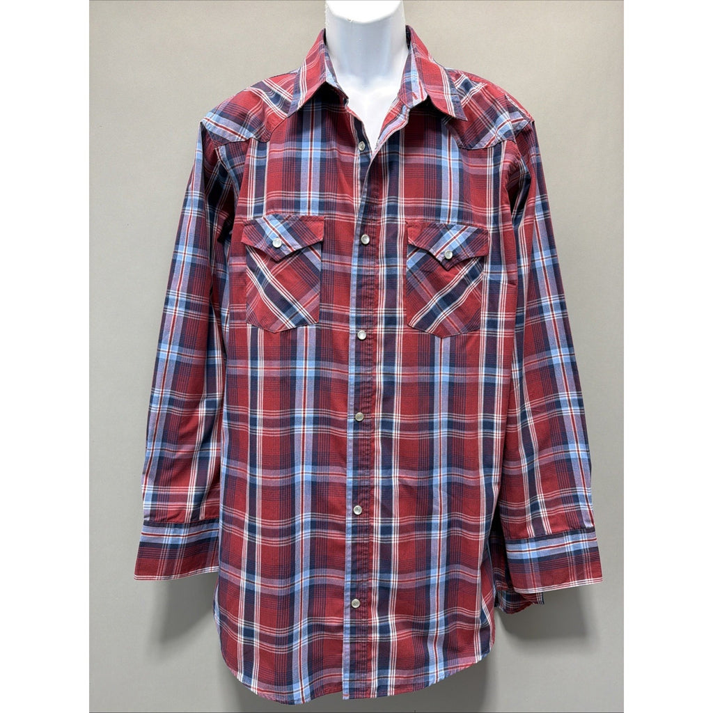 High Noon Western Shirt Mens Large Tall Red Blue Plaid Pearl Snap Long Sleeve