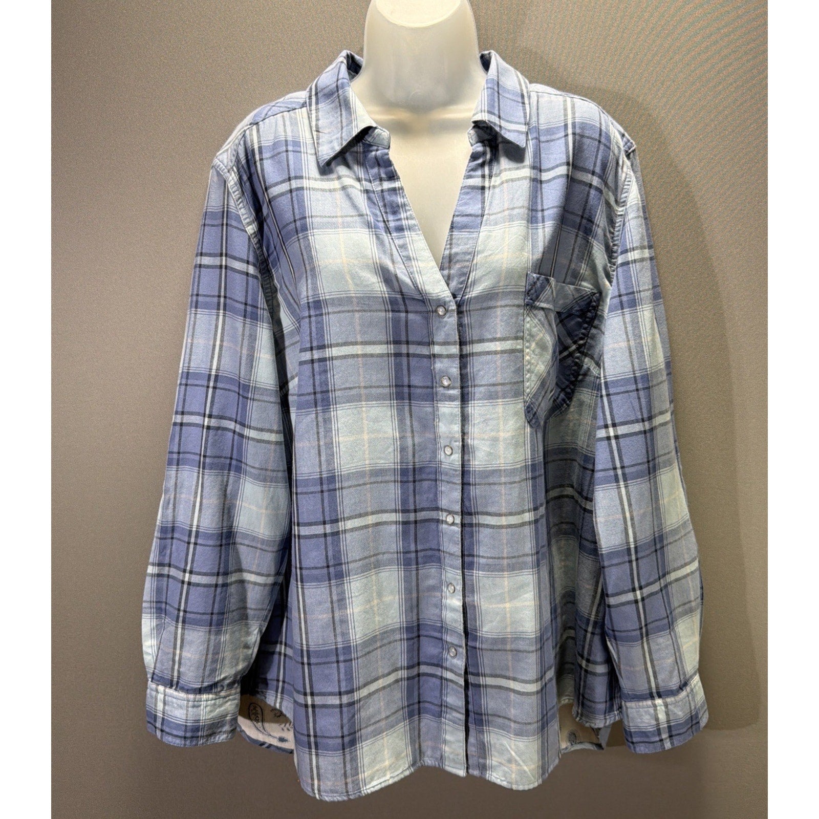 Style & Co Womens XXL Blue Plaid Pearl Snap Roll Tab Sleeves Western Shirt New