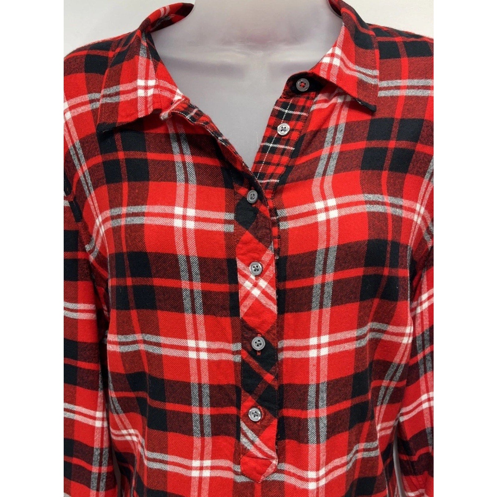 TALBOTS Red Black Plaid Half Button Popover Tunic Shirt Size XL