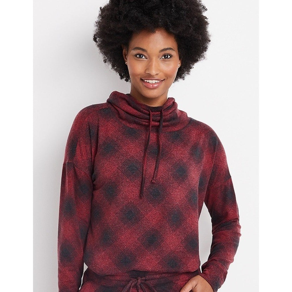 Maurices Lakeside Cozy Plaid Sweatshirt Cowl Mock Neck Sweater Red Women XS NWT