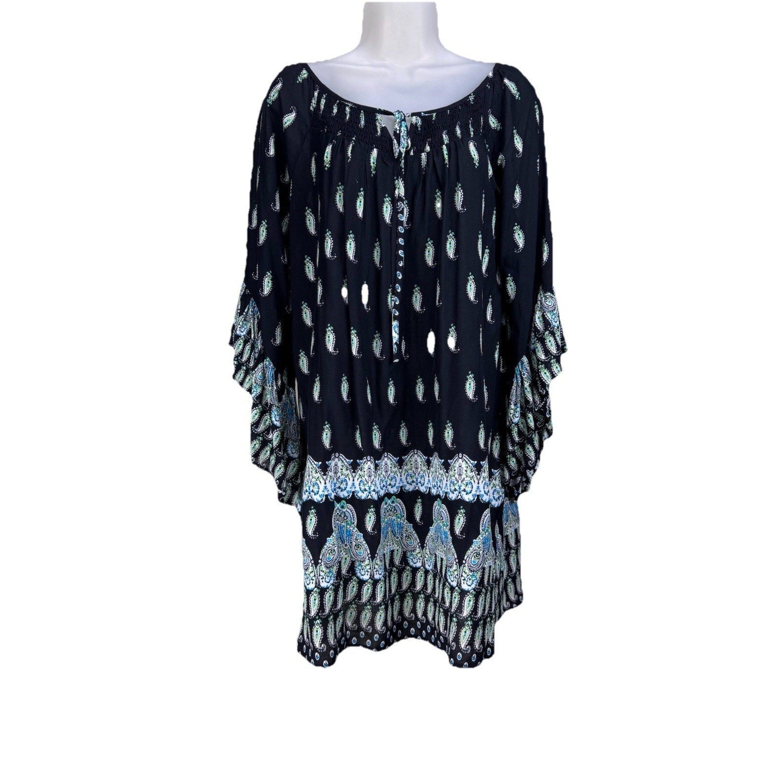 She & Sky Women's BOHO Dress Size Small Long Sleeve Tunic Dress Black Paisley