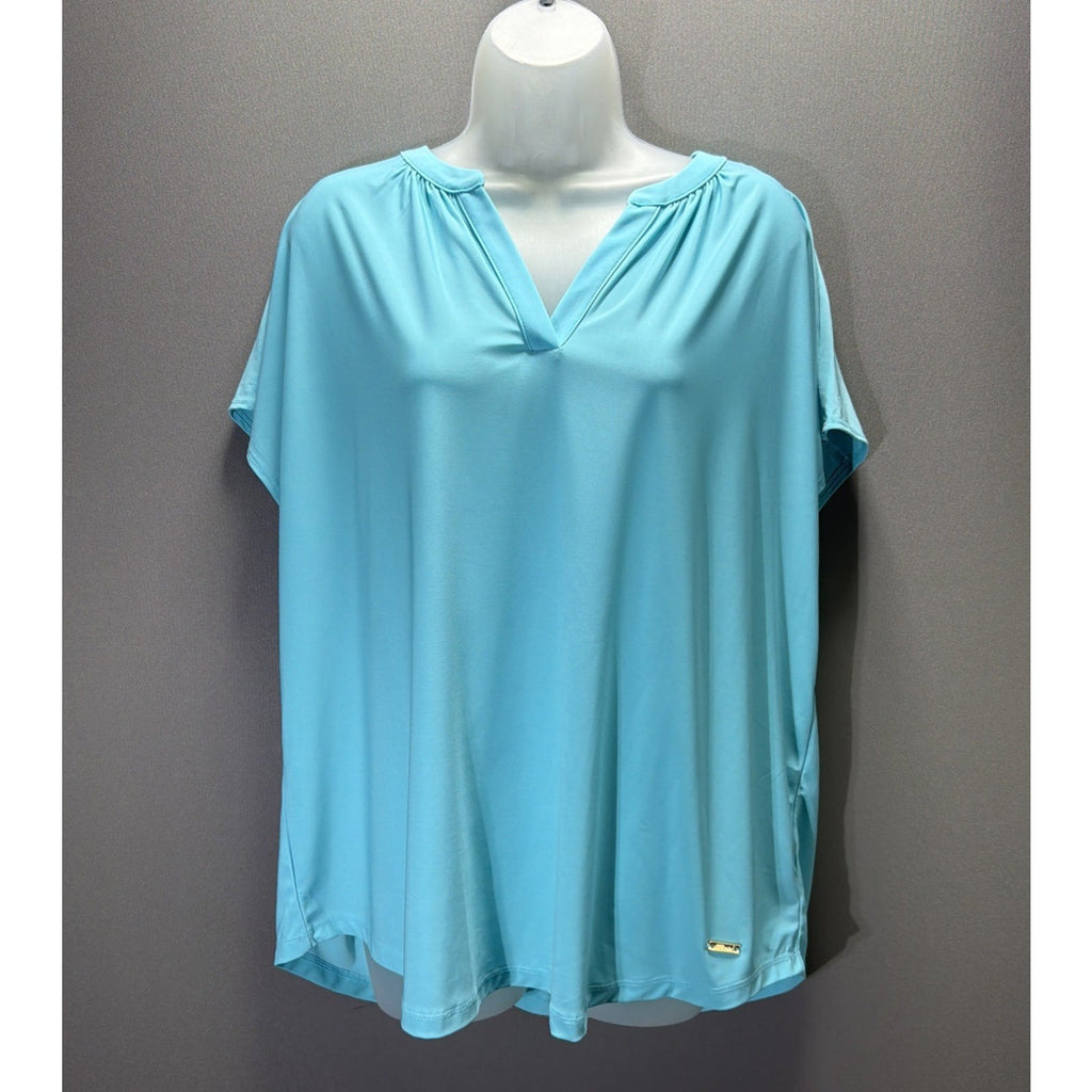 Jones New York Women Top Plus Size 1X Aqua Short Sleeve V Neck Blouse NWT