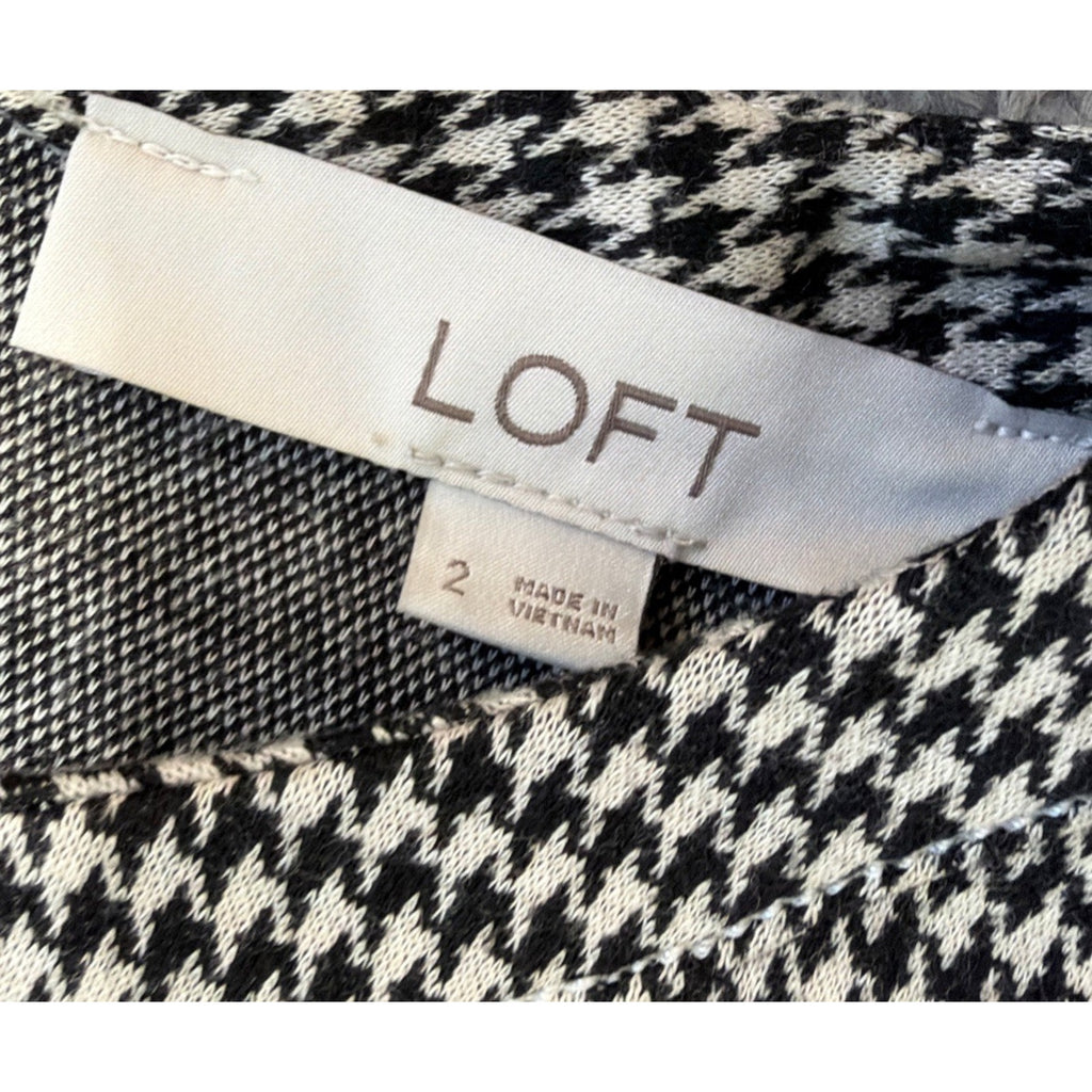 LOFT Houndstooth Ruffle Trim Flounce Long Sleeve Soft Knit Dress Size 2
