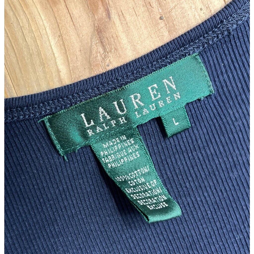 Lauren Ralph Lauren Blue Ribbed Tank Top with Lace Trim Y2K Preppy Size L