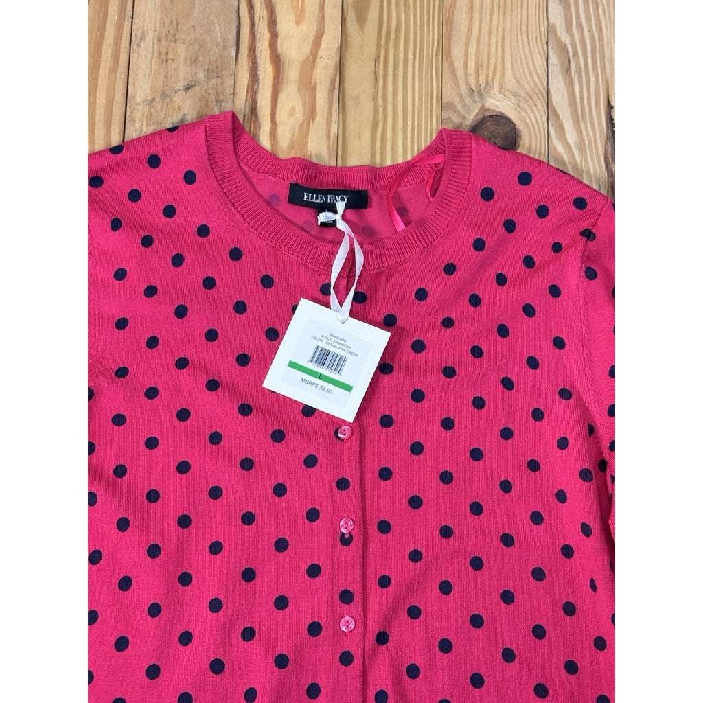 Ellen Tracy Women's Cardigan Sweater Size Large Pink Blue Polkadots 3/4 Sleeve