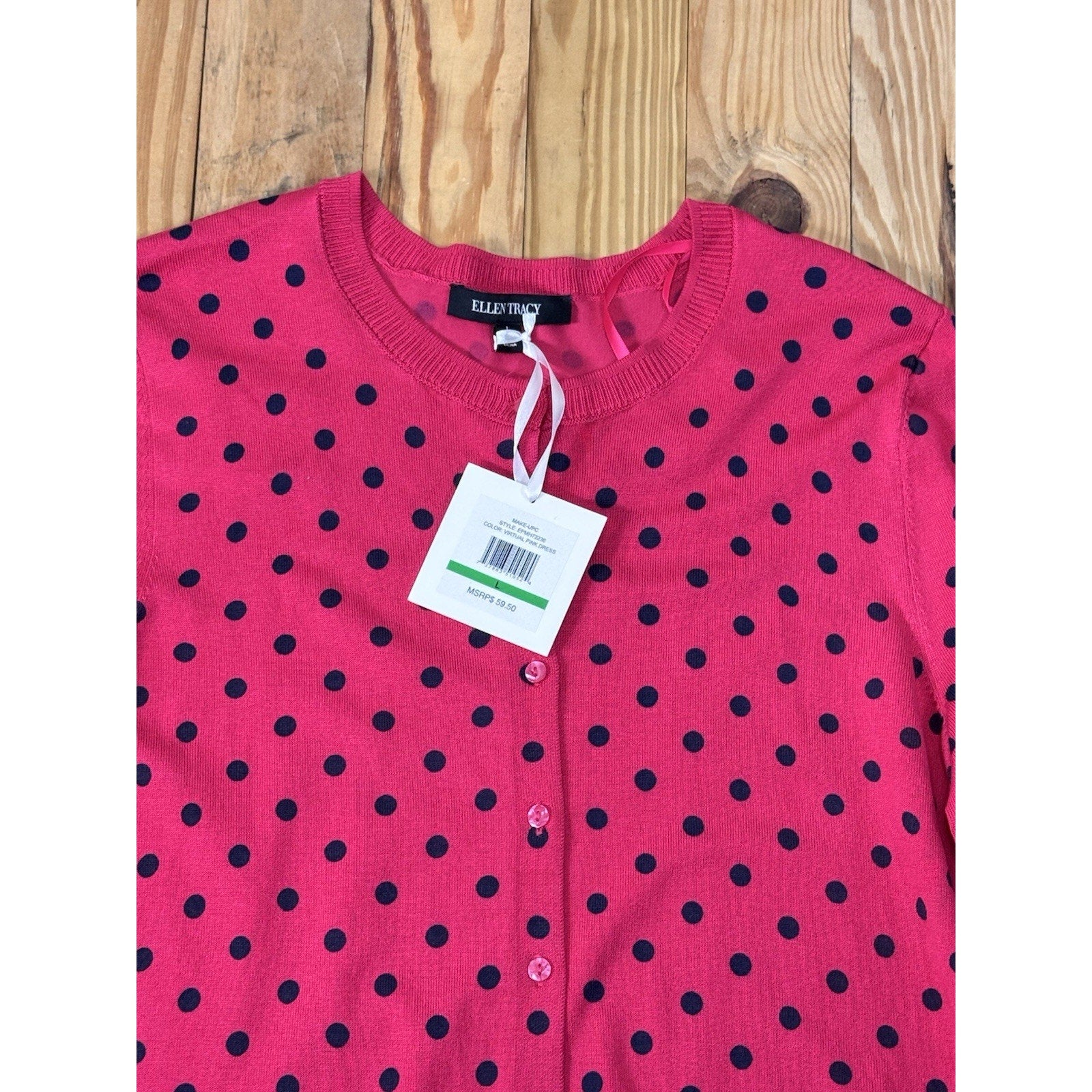 Ellen Tracy Women's Cardigan Sweater Size Large Pink Blue Polkadots 3/4 Sleeve