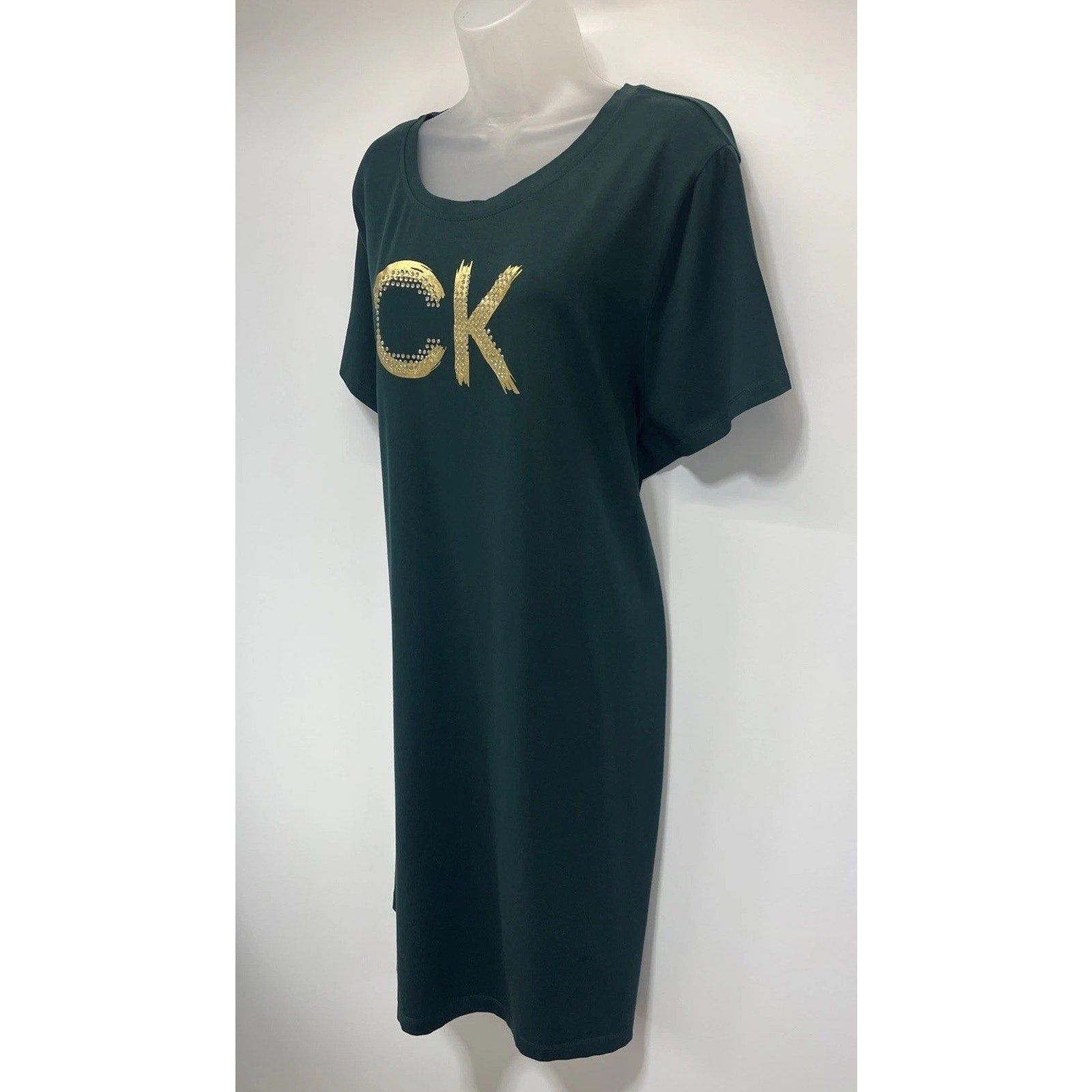 Calvin Klein Embellished Logo T-Shirt Dress For Women Size - 2X Green