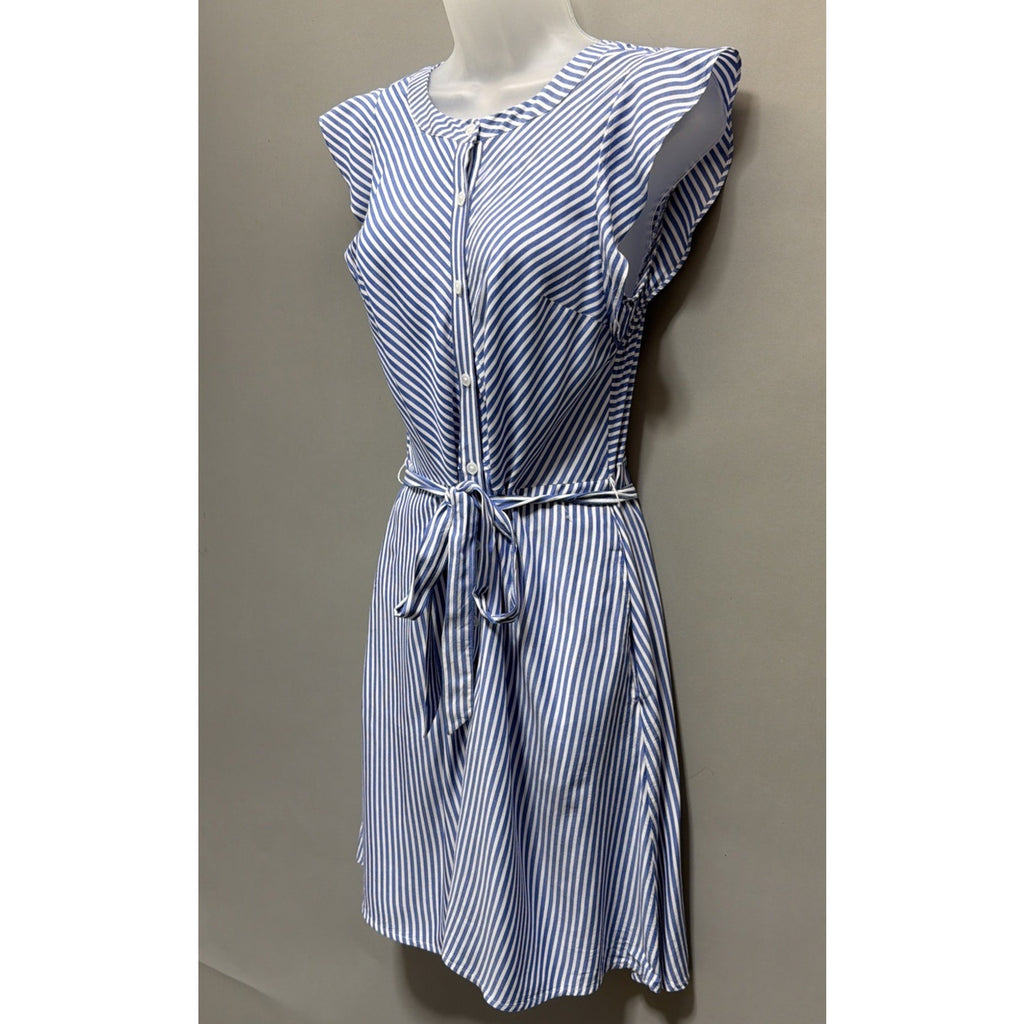 Ann Taylor LOFT Flutter Sleeve Button Front Dress Blue White Stripes Size 4 Pet