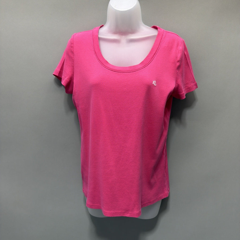 Lauren Ralph Lauren Women's L Fuscia Scoop Neck T Shirt Plain Tee Short Sleeve