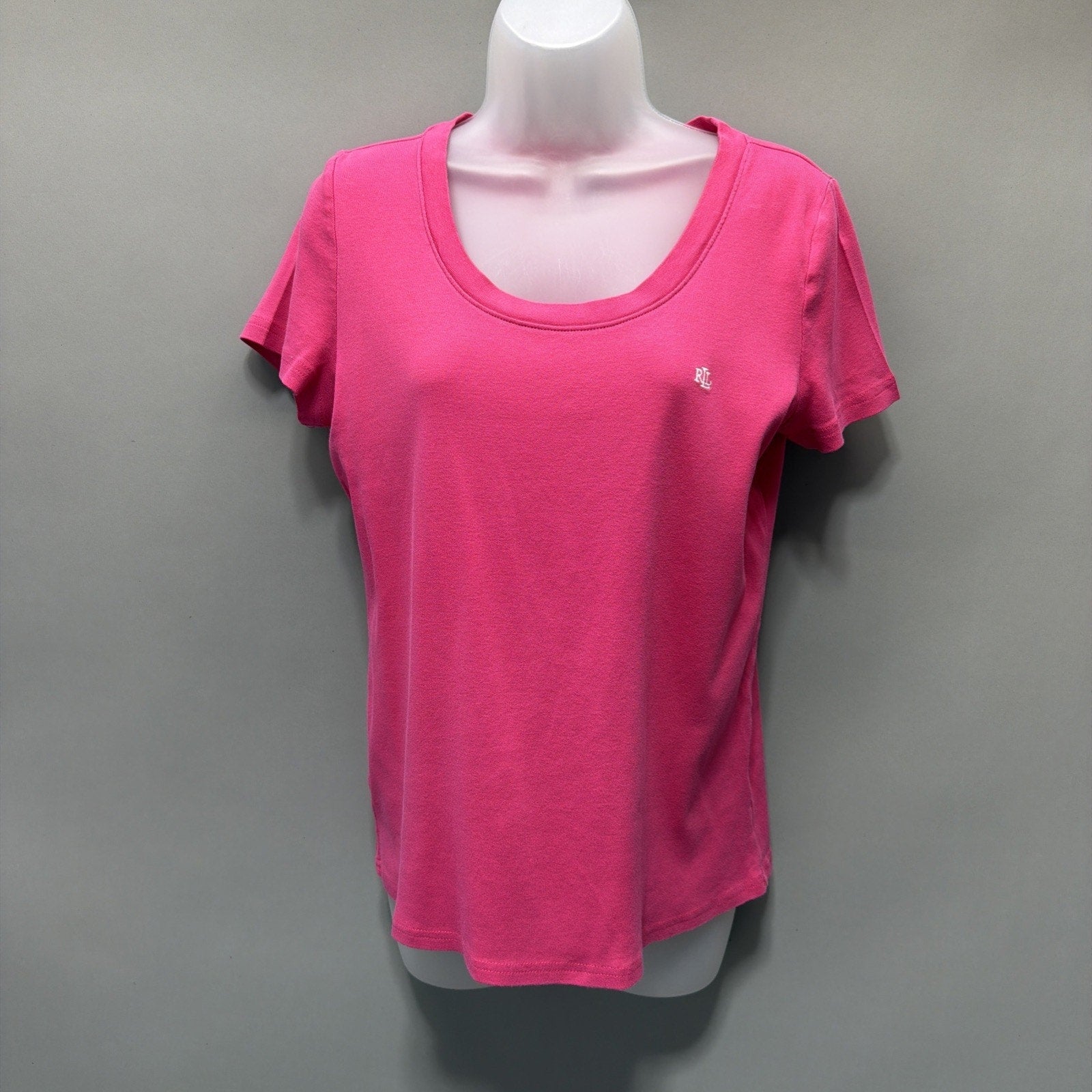 Lauren Ralph Lauren Women's L Fuscia Scoop Neck T Shirt Plain Tee Short Sleeve