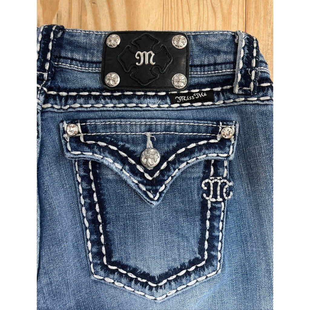 Y2K Miss Me Signature Easy Boot Bootcut Jeans Embellished Flap Pockets 28x29