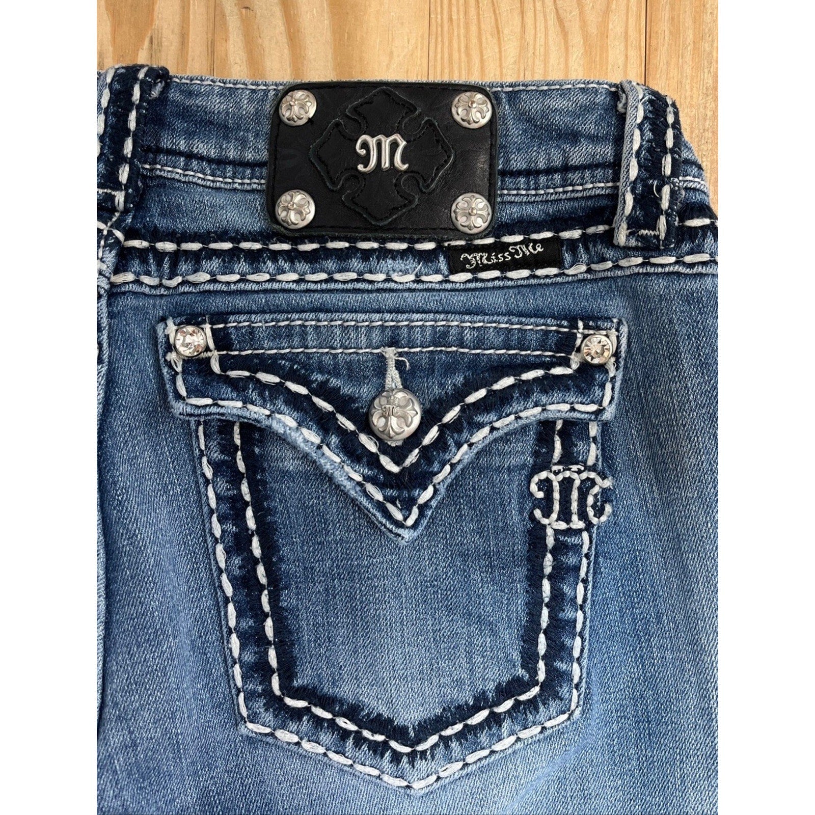 Y2K Miss Me Signature Easy Boot Bootcut Jeans Embellished Flap Pockets 28x29