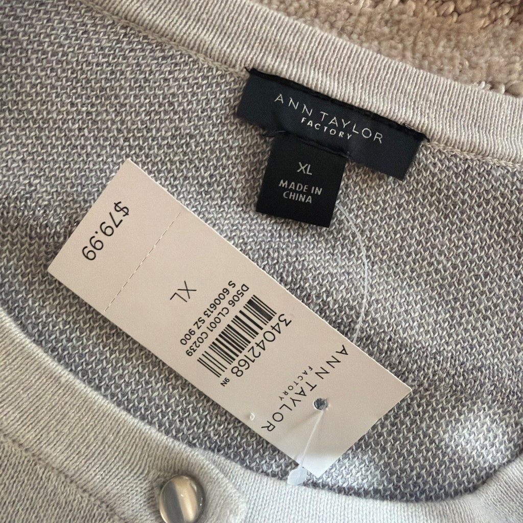 Ann Taylor Factory Windowpane Cardigan Sweater XL Gray White Button Front NWT