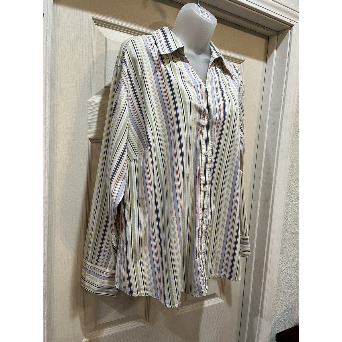 Bill Blass Jeanswear Multi–Blue Green Stripe Button up Women 1X Stretch Vintage