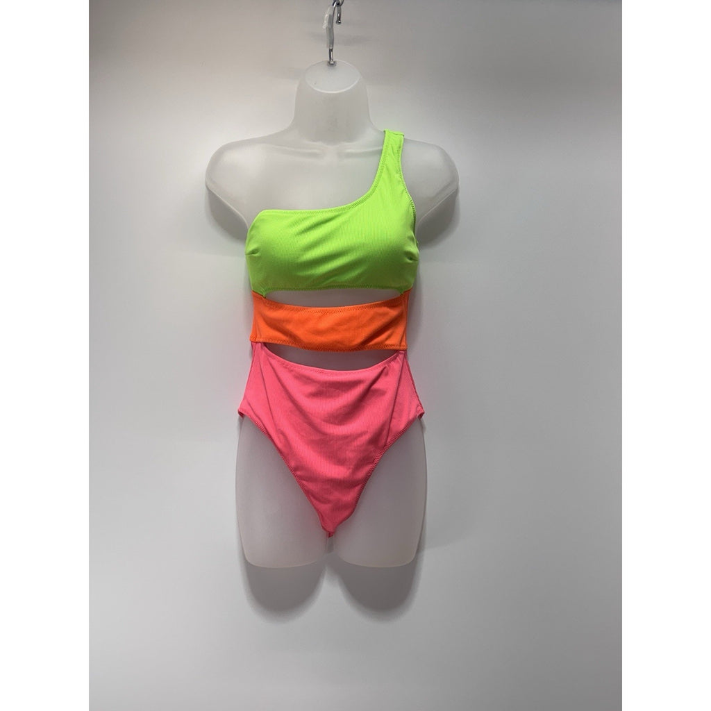 Live Life on the Beach One Piece Bright Green Pink Orange Swimsuit Women’s M NWT