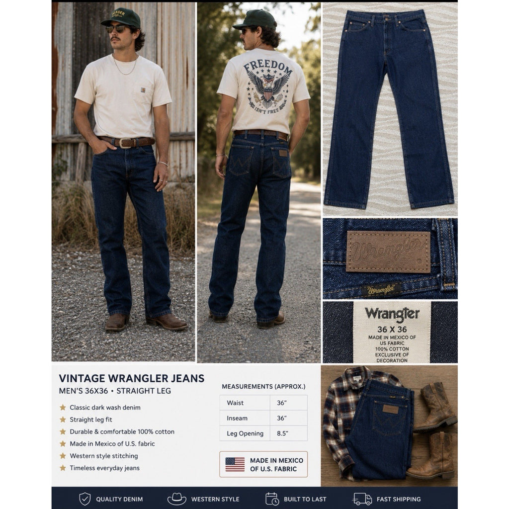 Vintage Wrangler Jeans Mens 36x36 Dark Wash Straight Leg Western Cowboy USA Made