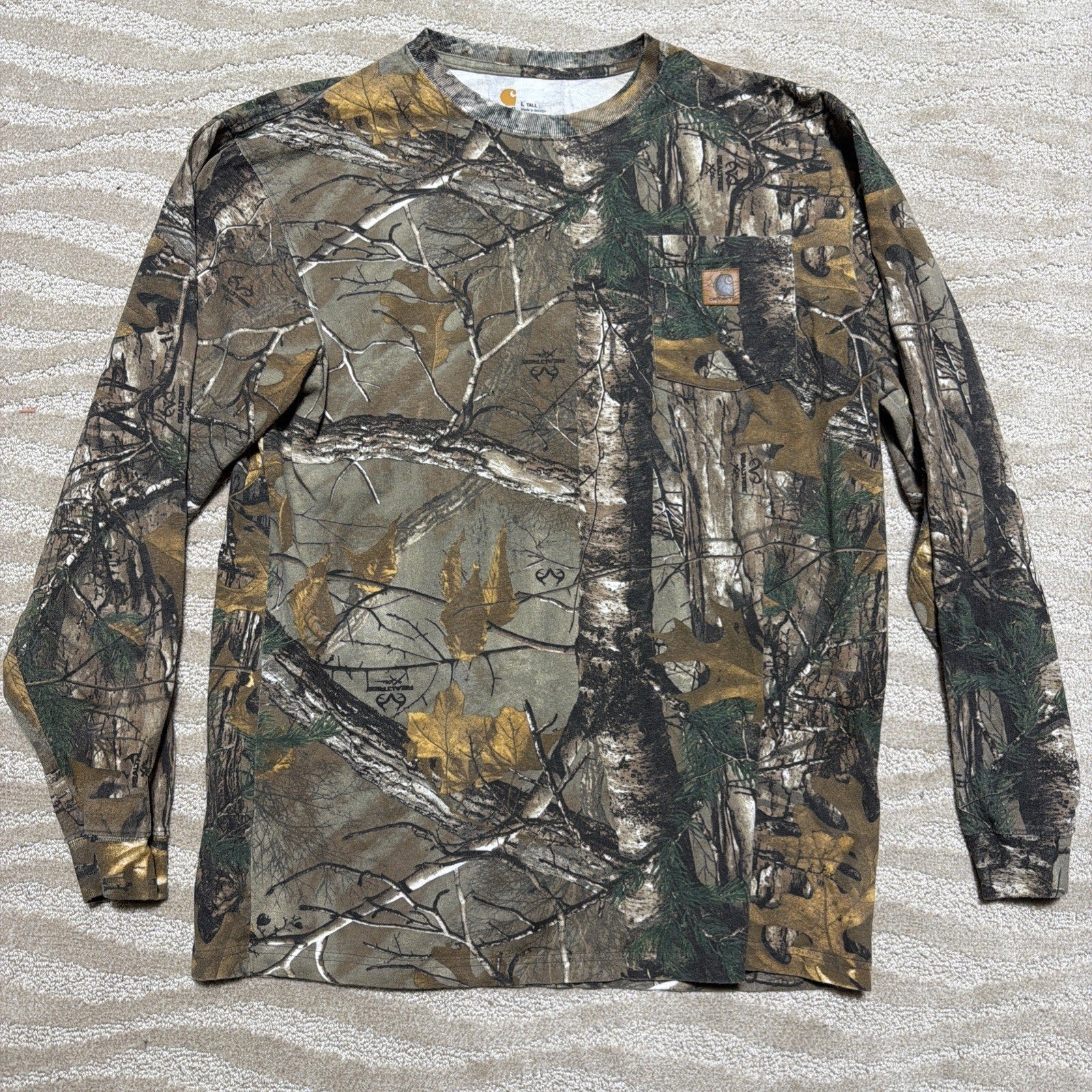 Vtg Carhartt Realtree Camo Long Sleeve Shirt Mens L Tall Pocket Tee Hunting K285