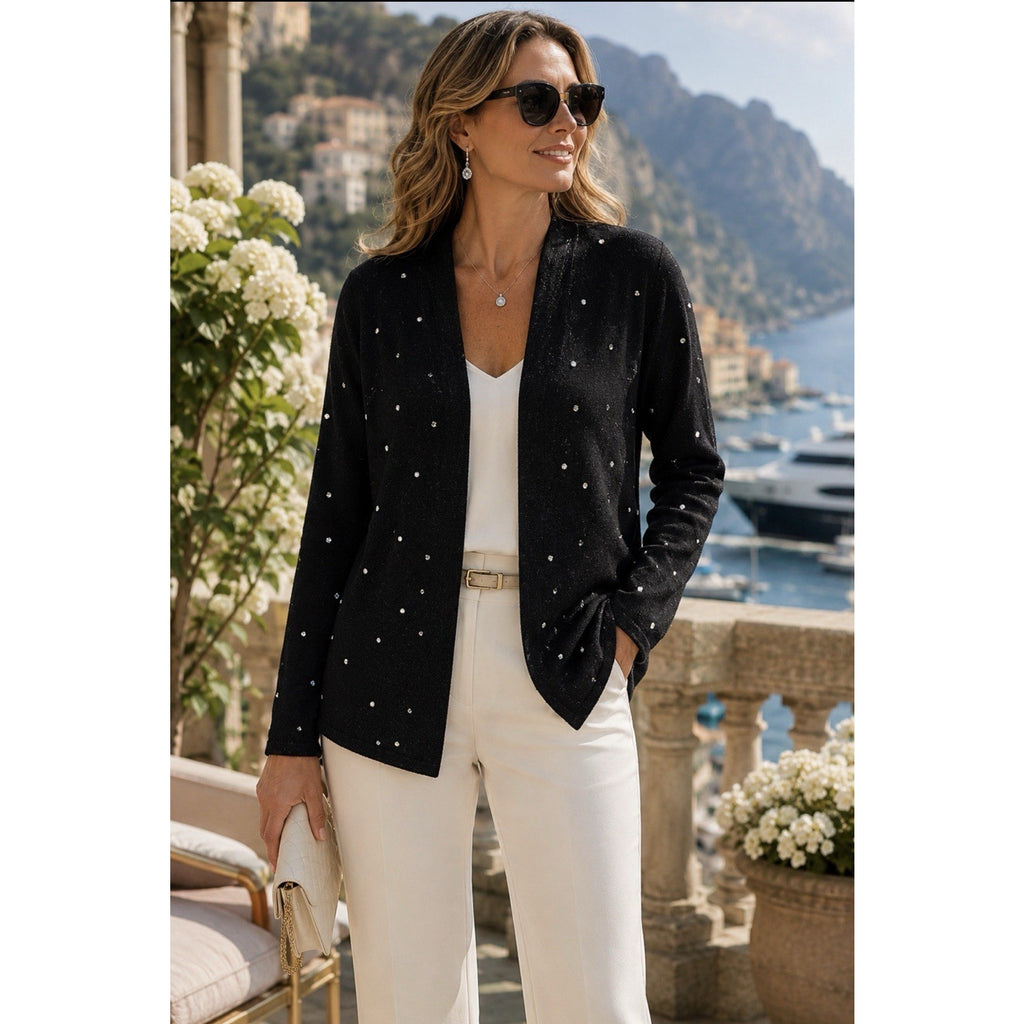 NWT Charter Club Luxury 100% Cashmere Black Rhinestone Open Front Cardigan PM