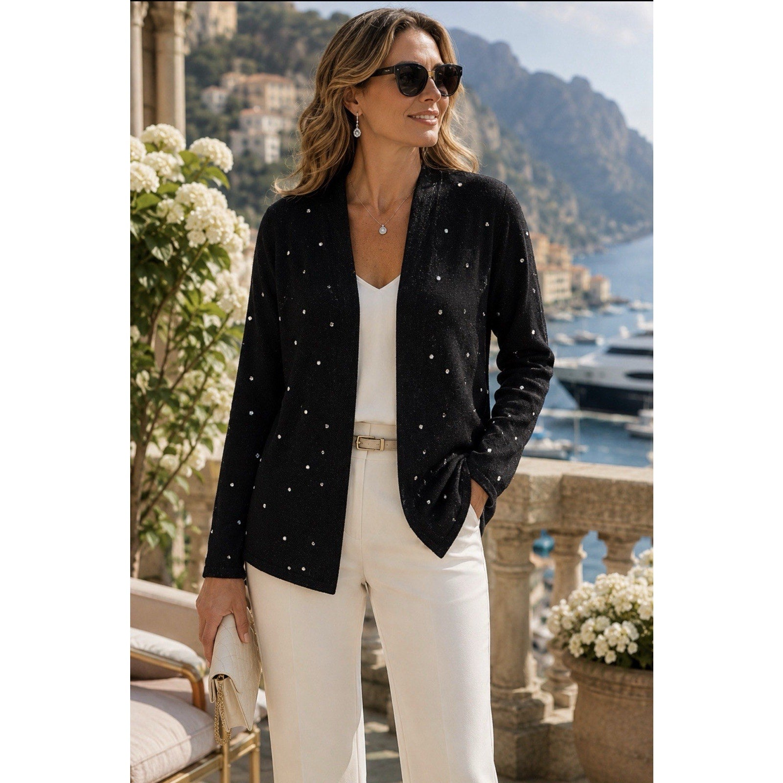 NWT Charter Club Luxury 100% Cashmere Black Rhinestone Open Front Cardigan PM