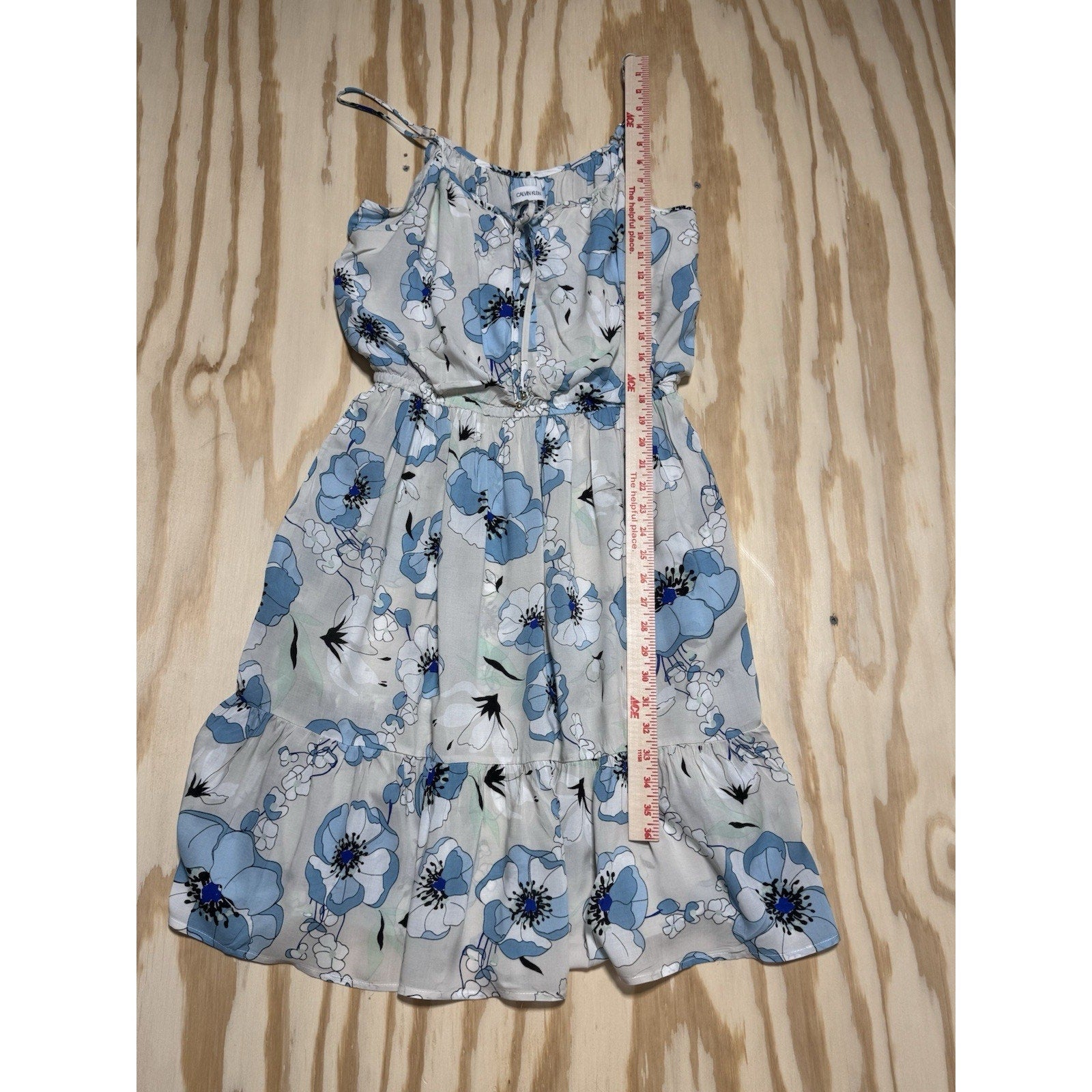 Calvin Klein Women’s Floral Sleeveless Dress Size 10 Blue White Tiered Tie Neck