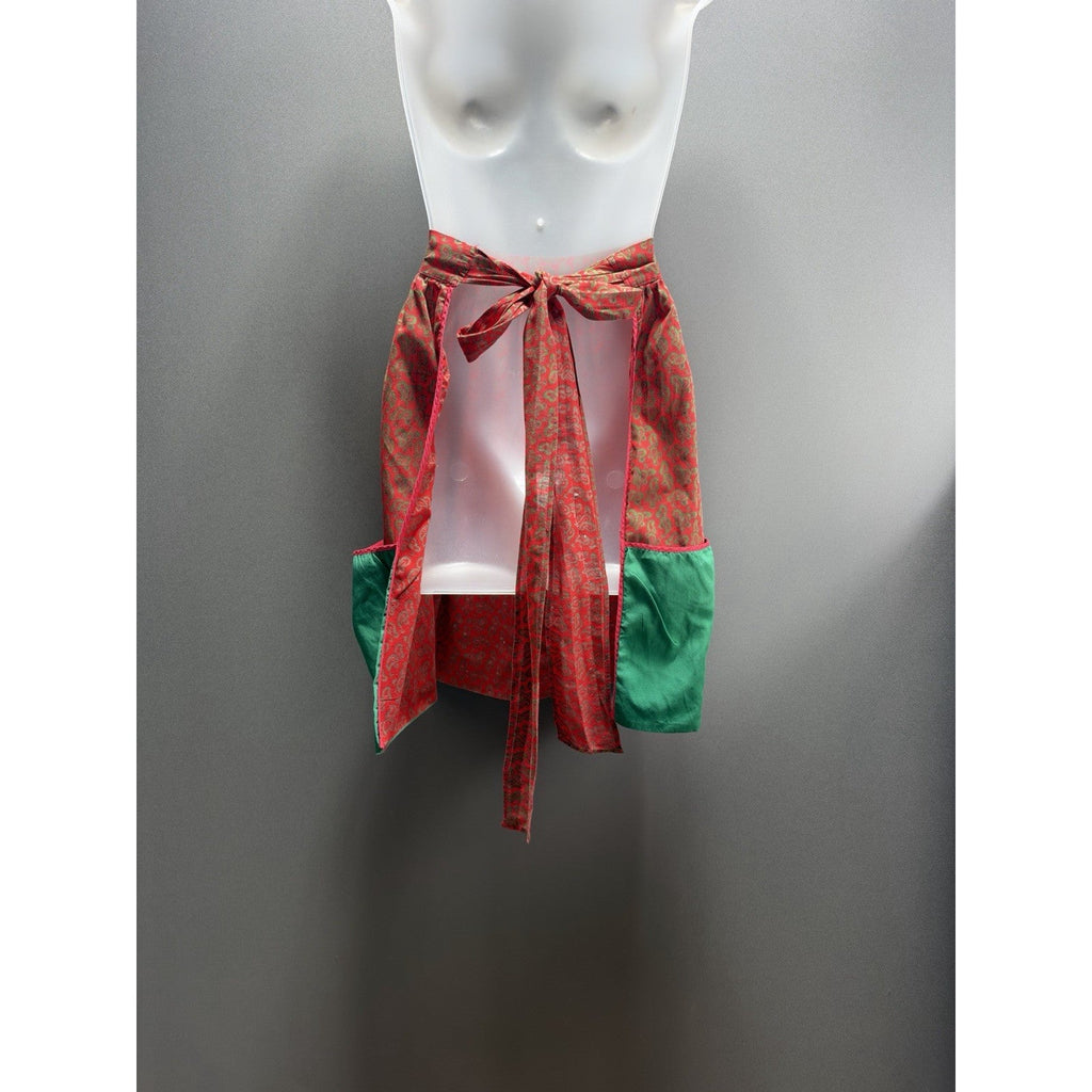 Red Green Paisley Half Apron Waist Tie Large Pockets Christmas Holiday Kitchen