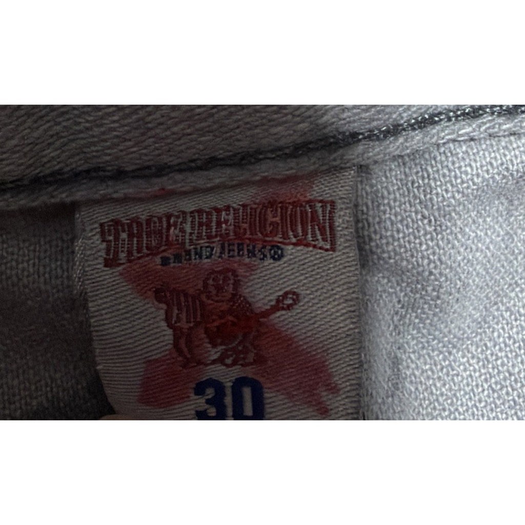 True Religion Straight Jeans Mens 34 x 33 Gray Black Dark Denim Flap