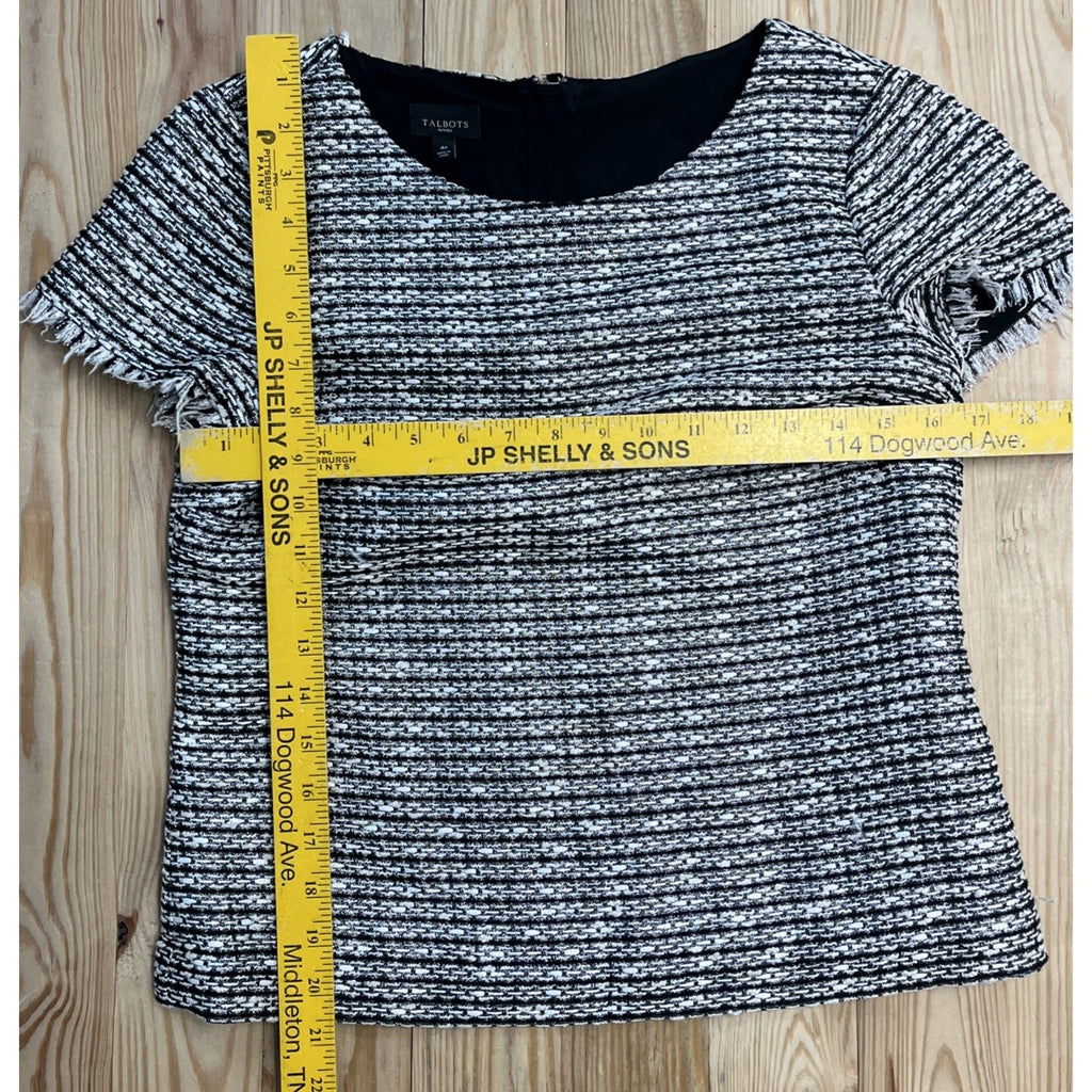 Talbots Women's Sz 4 Petite Tweed Top/Blouse Fringe Trim SS Black Ivory Lined