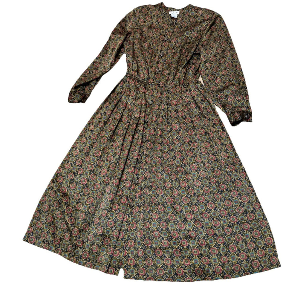 Vtg 90s Talbots Silky Satin Pleated Tailored Secretary Midi Day Dress Women’s 8