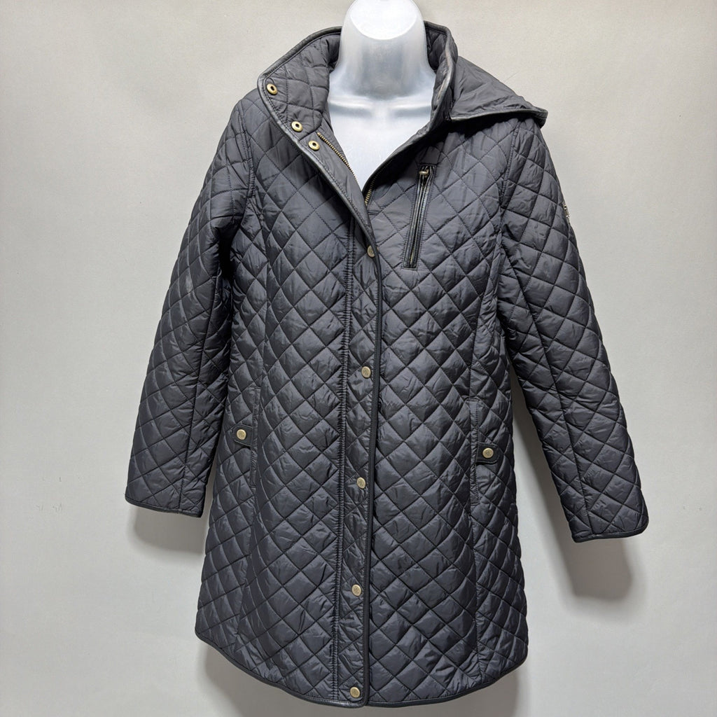 Lauren Ralph Lauren Black Label Quilted Vegan Leather Trim Hooded Coat Size M