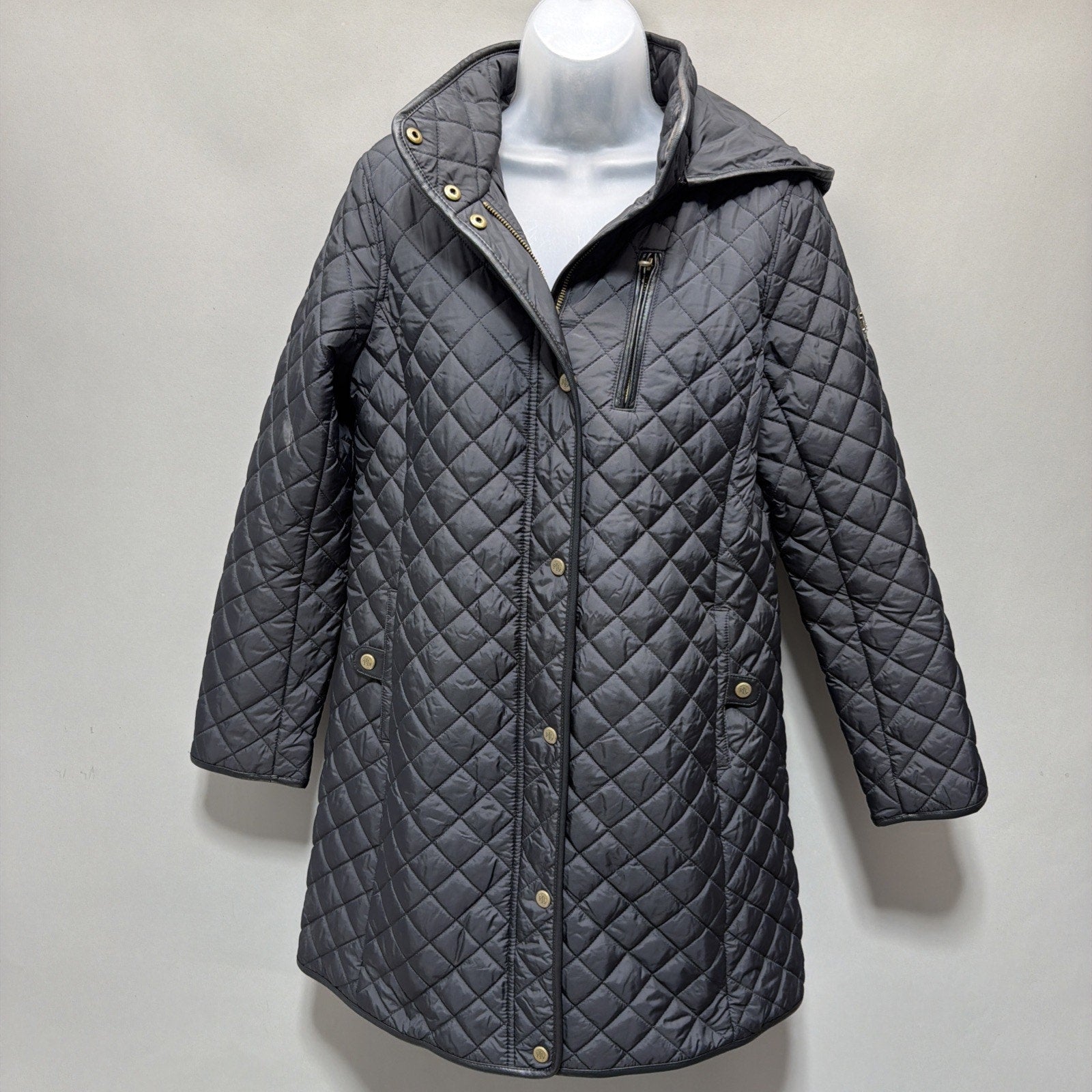 Lauren Ralph Lauren Black Label Quilted Vegan Leather Trim Hooded Coat Size M