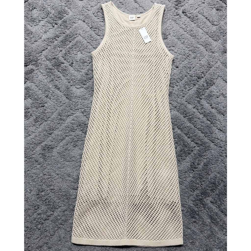 NEW GAP Crochet Mini Dress XS Knit Sleeveless Boho Summer Bedrock Beige Bohemian