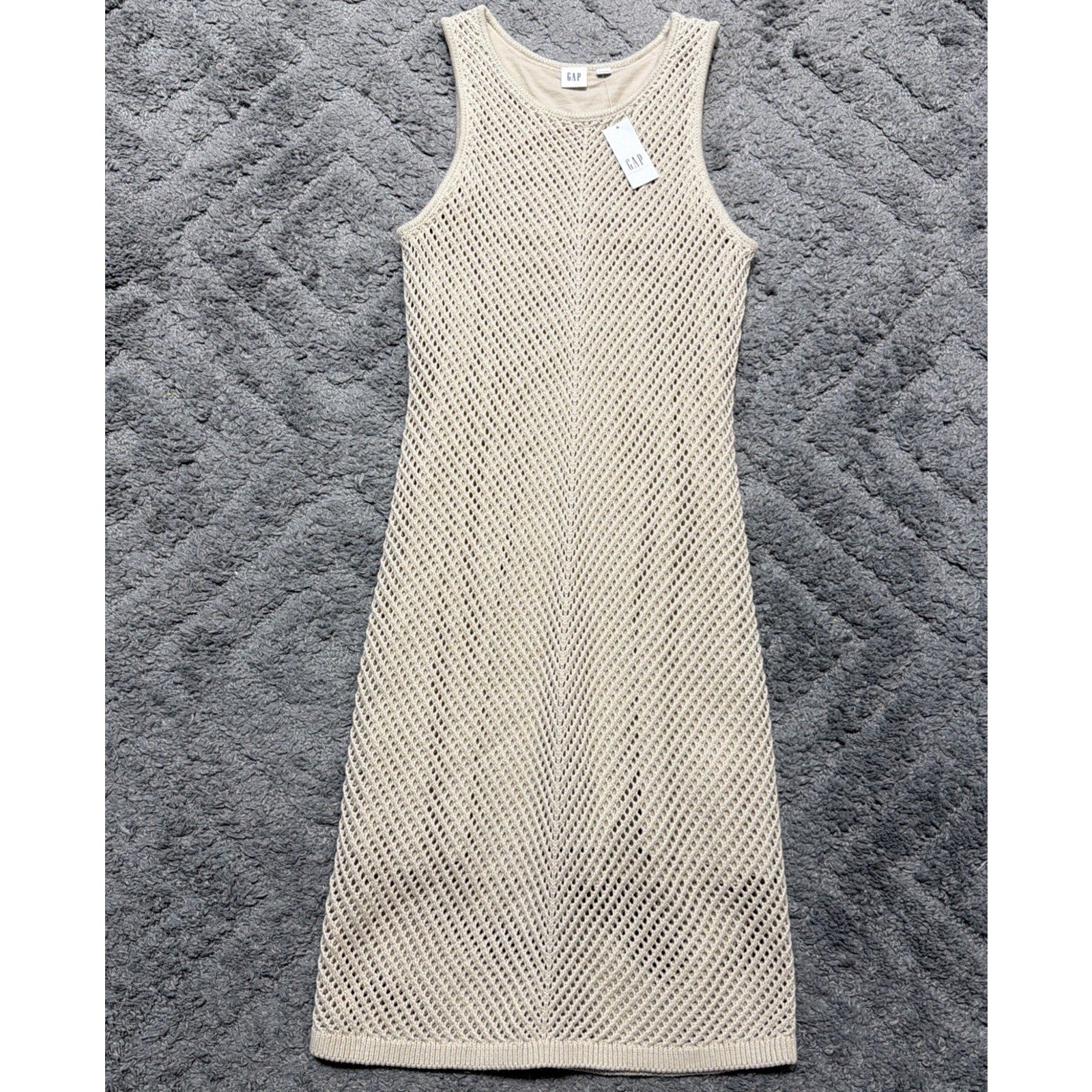 NEW GAP Crochet Mini Dress XS Knit Sleeveless Boho Summer Bedrock Beige Bohemian