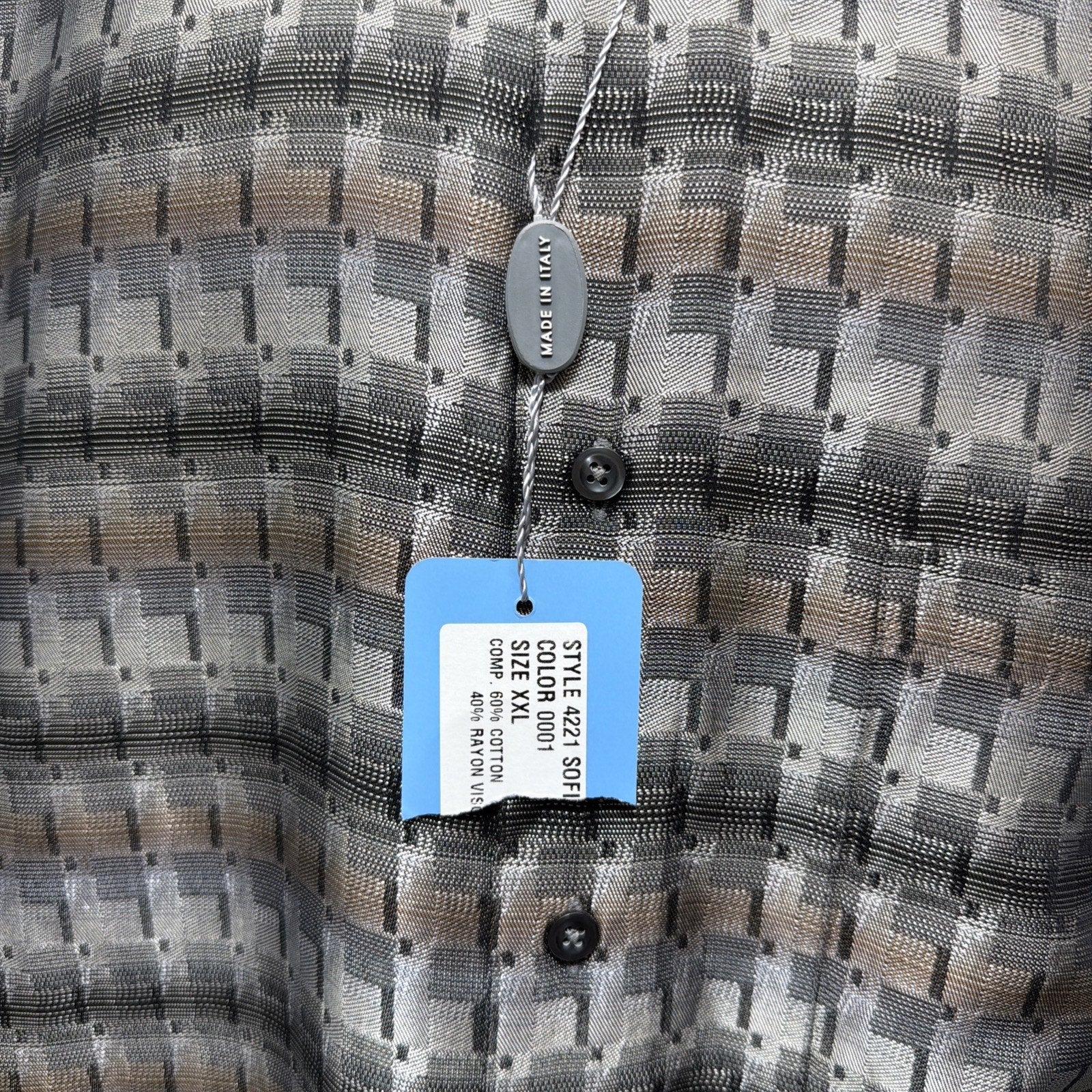 Alora Made In Italy Men’s XXL Geometric Button Front Shirt Gray Tan Retro Y2K