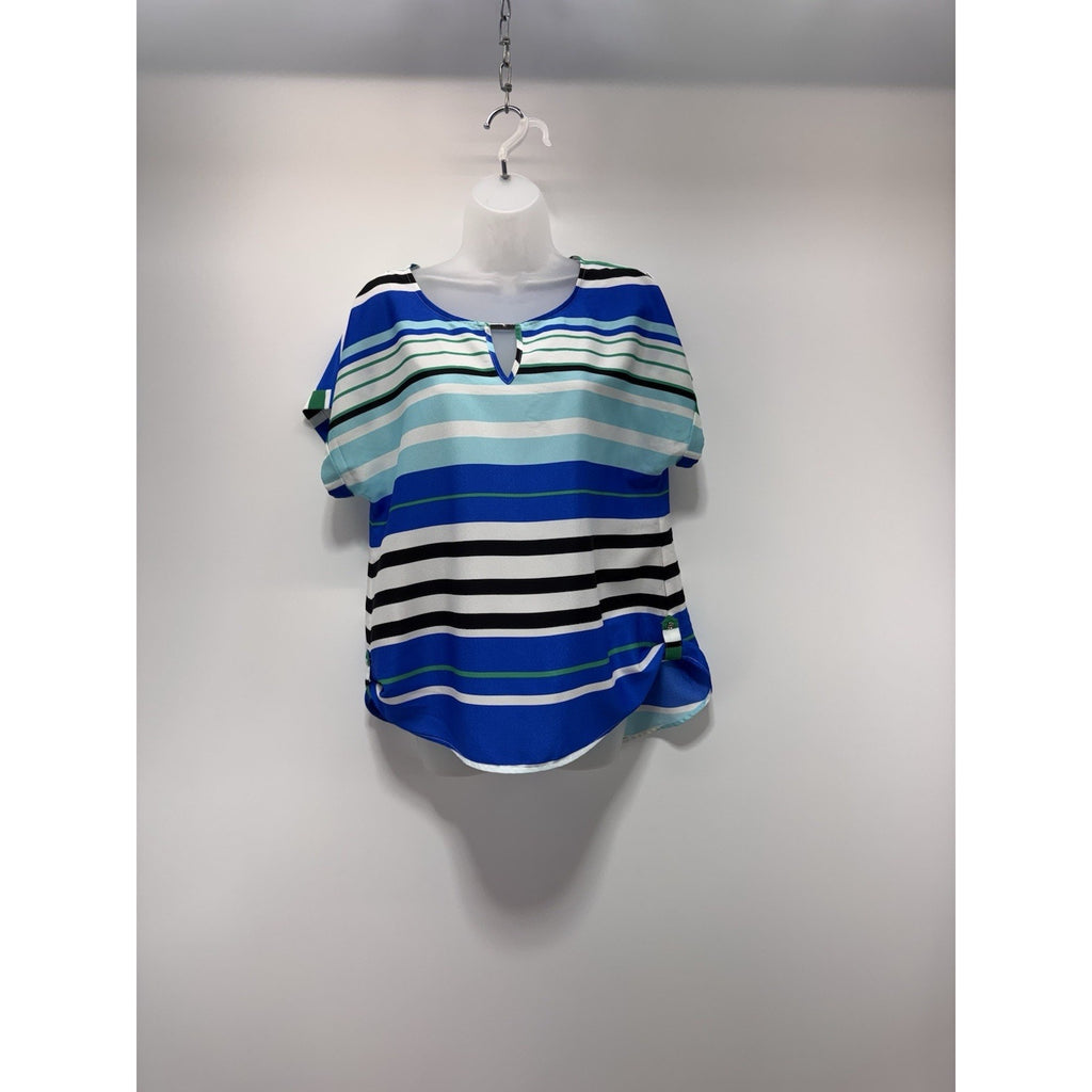 CALVIN KLEIN Blue Black Green Striped Blouse Women’s Size Large