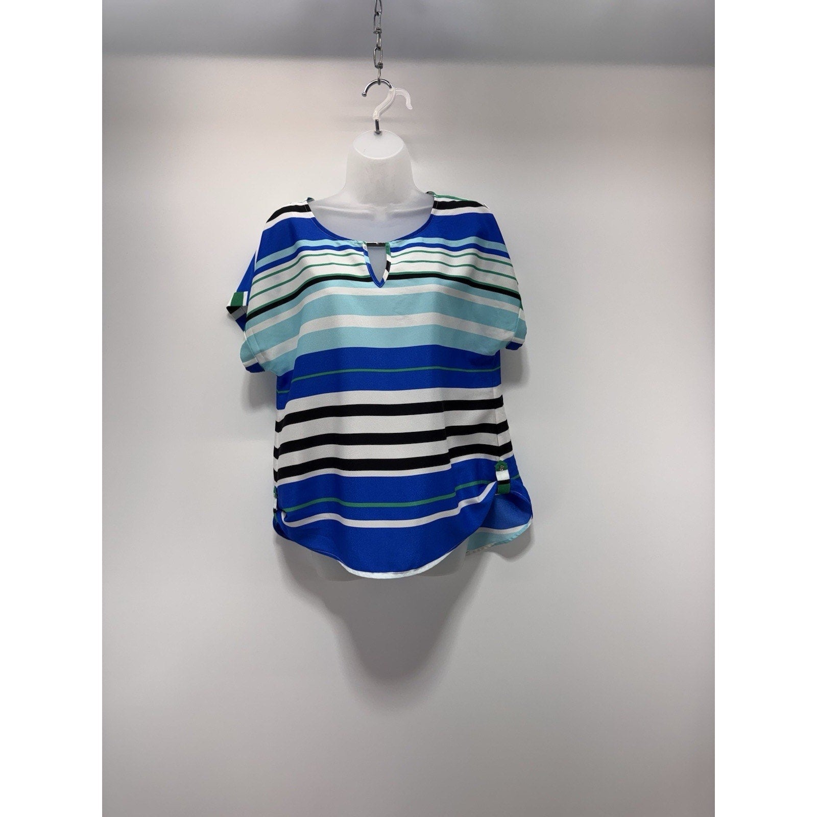 CALVIN KLEIN Blue Black Green Striped Blouse Women’s Size Large