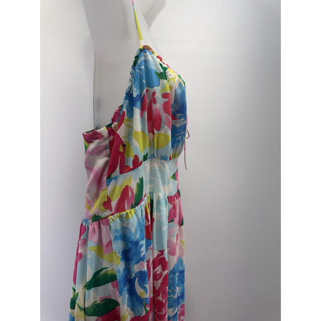 OLD NAVY Fit & Flare Floral Smocked Midi Cami Dress Pink Blue Watercolor Women L