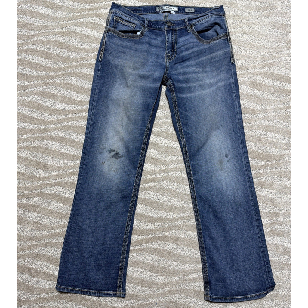BKE Derek 33R Bootleg Denim Jeans Med Wash Thick Stitch Workwear Stained 33x31