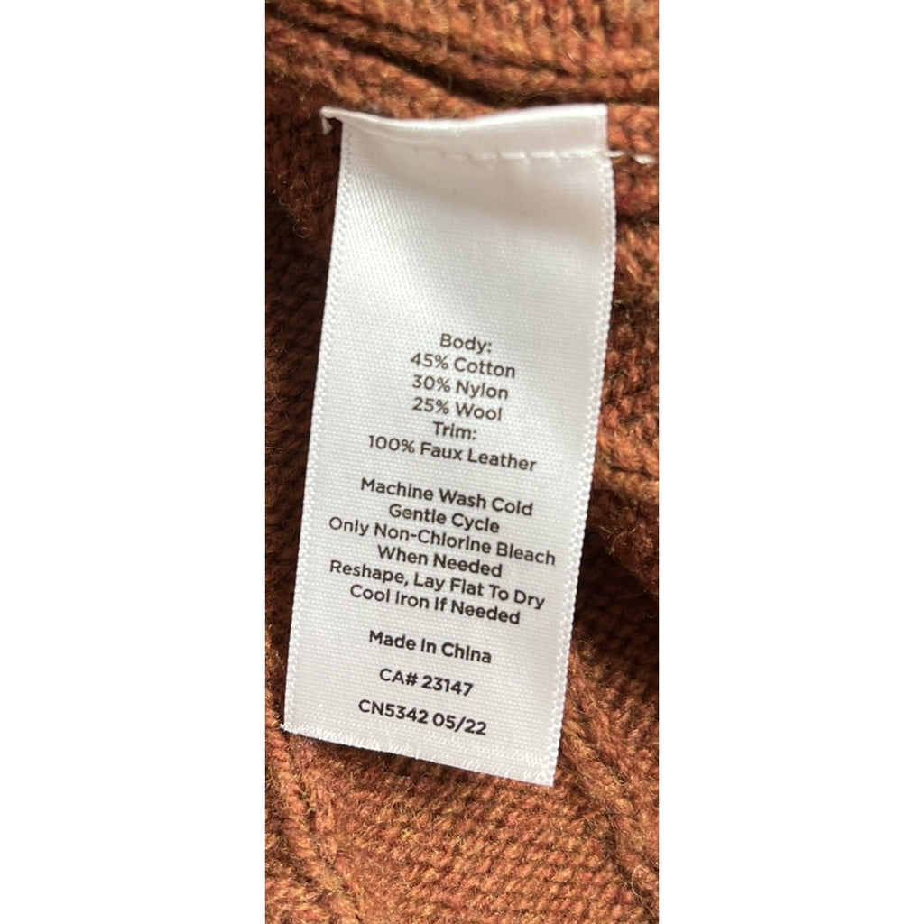 Talbots Wool Blend Cable Knit Cardigan Sweater Brown Faux Leather Trim Small