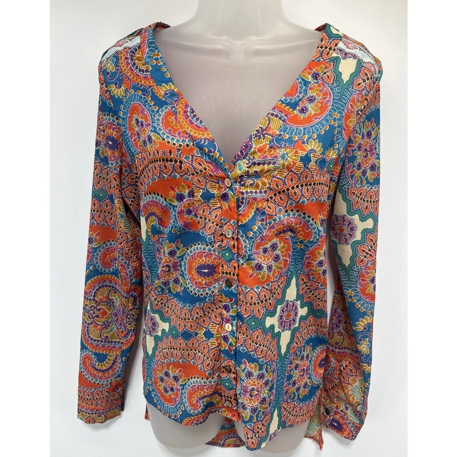 Gimmicks by BKE Top Womens Small Floral Mesh Surplice Blouse Paisley Boho Fairy