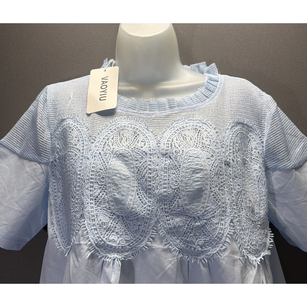 VAOYIU Women S Crochet Lace Mini Dress Round Neck Short Sleeve Sheer Mesh NWT