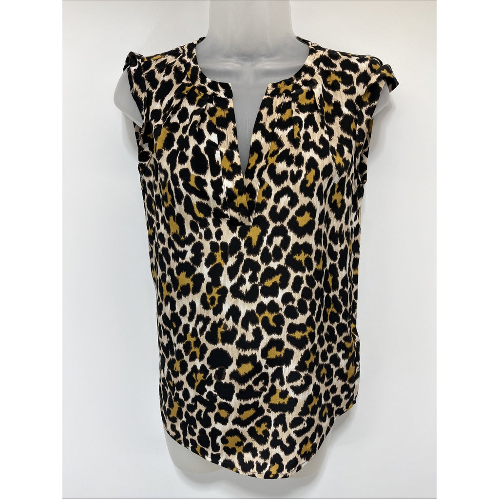 J.Crew Blouse Women 00 Silk Leopard Sleeveless V Neck Sheer Top Pleat Cruise +