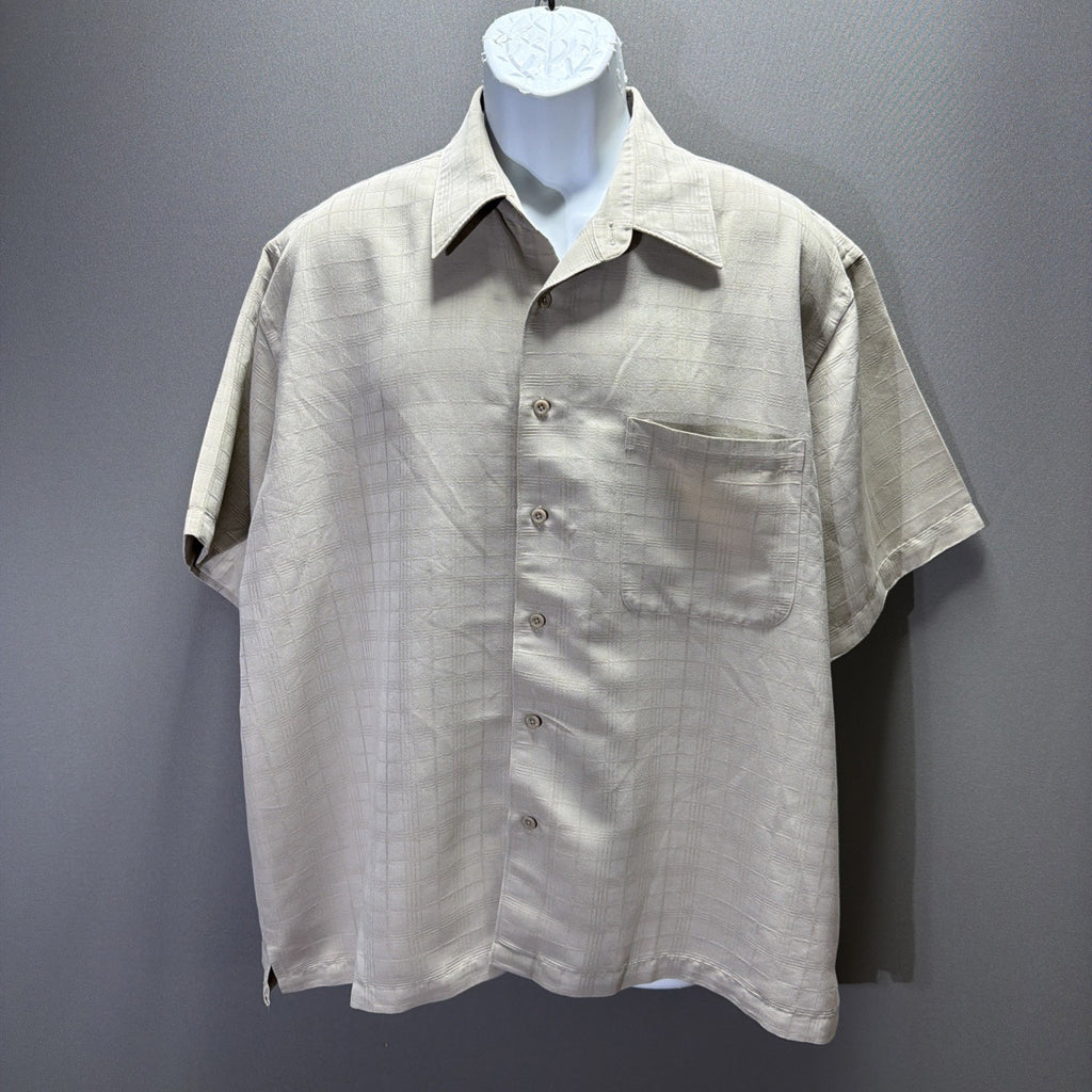 Vintage John Henry Mens Button Up Shirt XL Biege Windowpane Short Sleeve