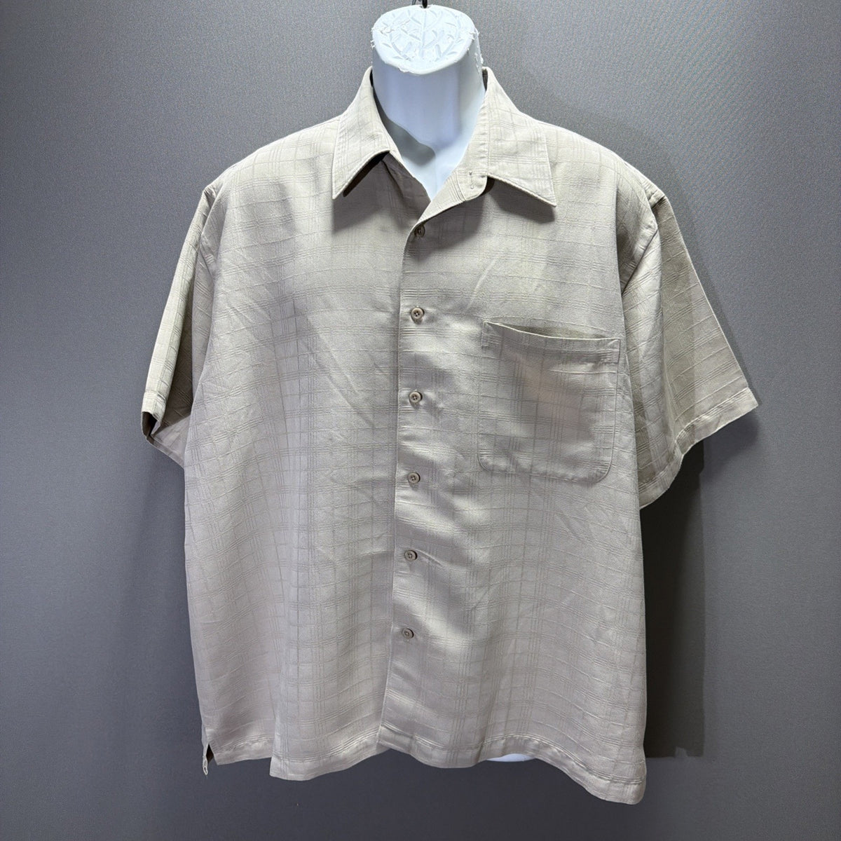 Vintage John Henry Mens Button Up Shirt XL Biege Windowpane Short Sleeve