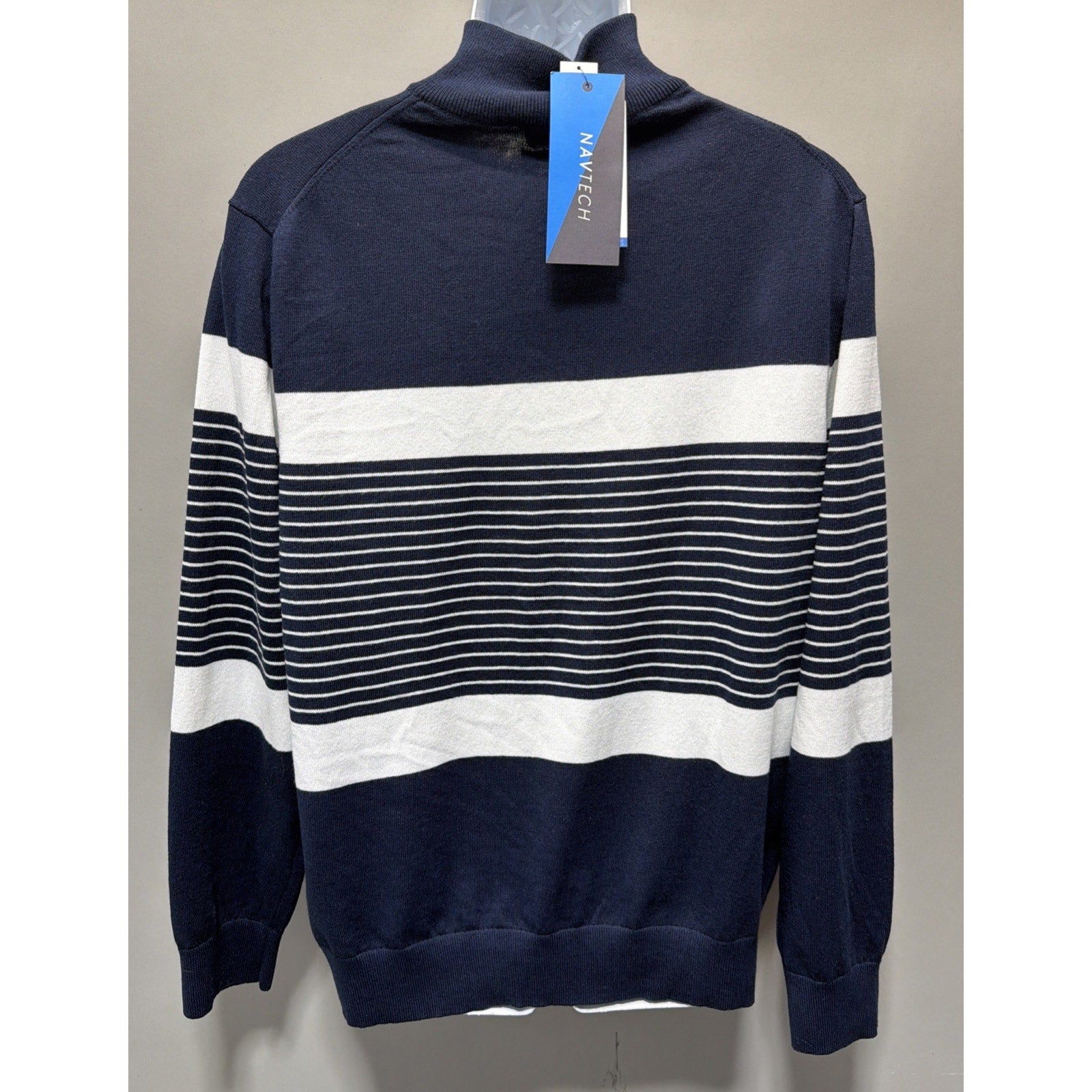 Mens Nautica Navtech Blue Sail Navy White Striped 1/4 Zip Sweater L New