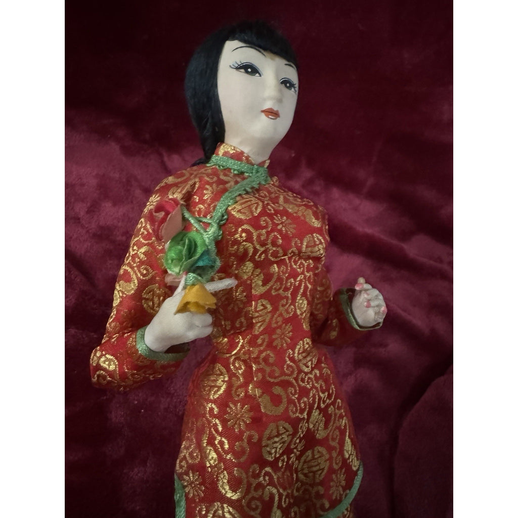 Vintage Taiwan Chinese Doll 14” Red Gold Brocade Folk Art Costume Stand