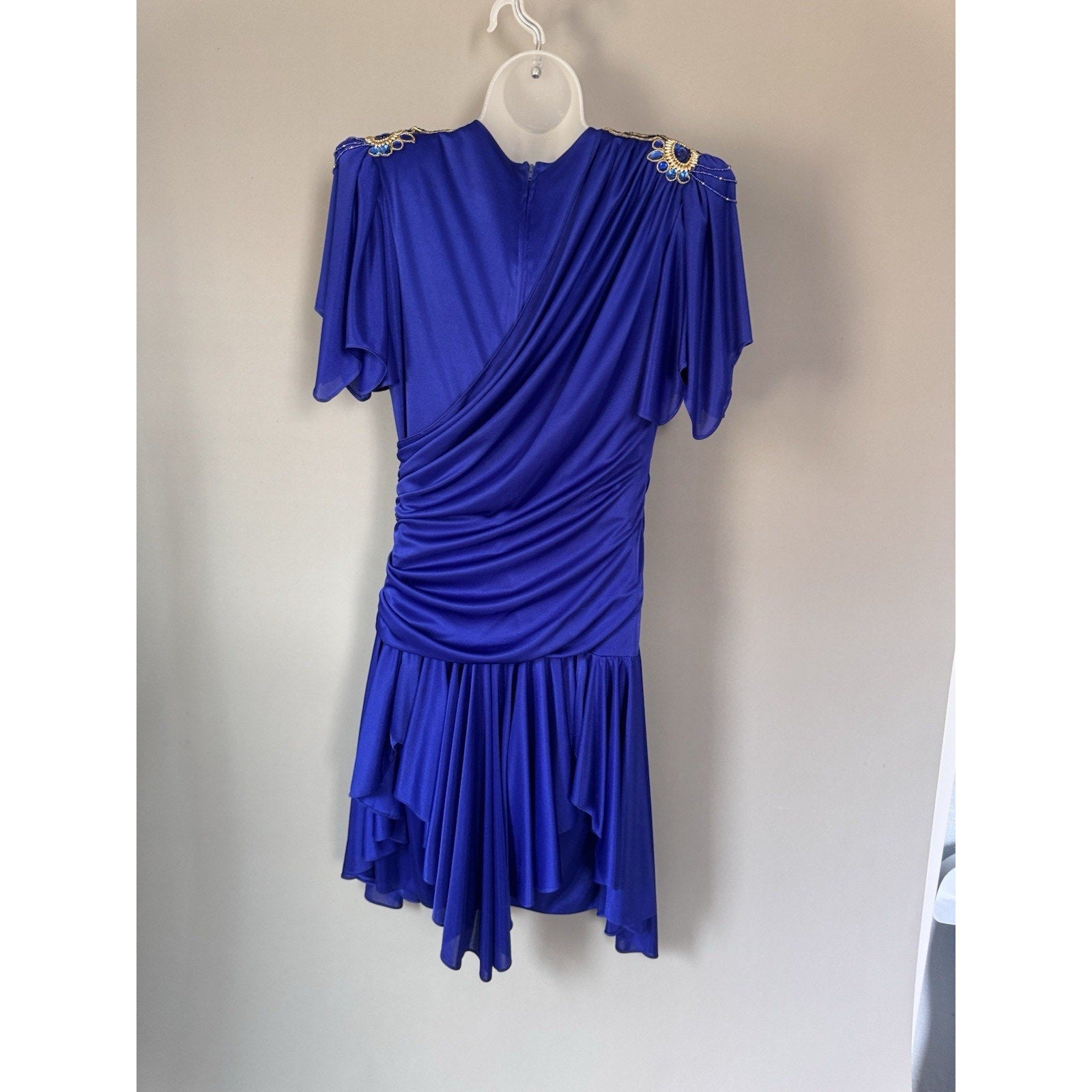 Royal Blue Embellished Padded Shoulder Dress Draped Ruffle Hem Cocktail Party M