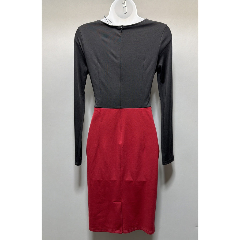 New LUNAJANY Black White Red Colorblock Bodycon V-Neck Long Sleeve Knee Dress M