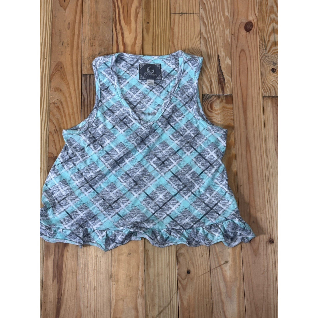 PJ Couture Woman's Extra Soft Gray Green Plaid Sleeveless Top Medium