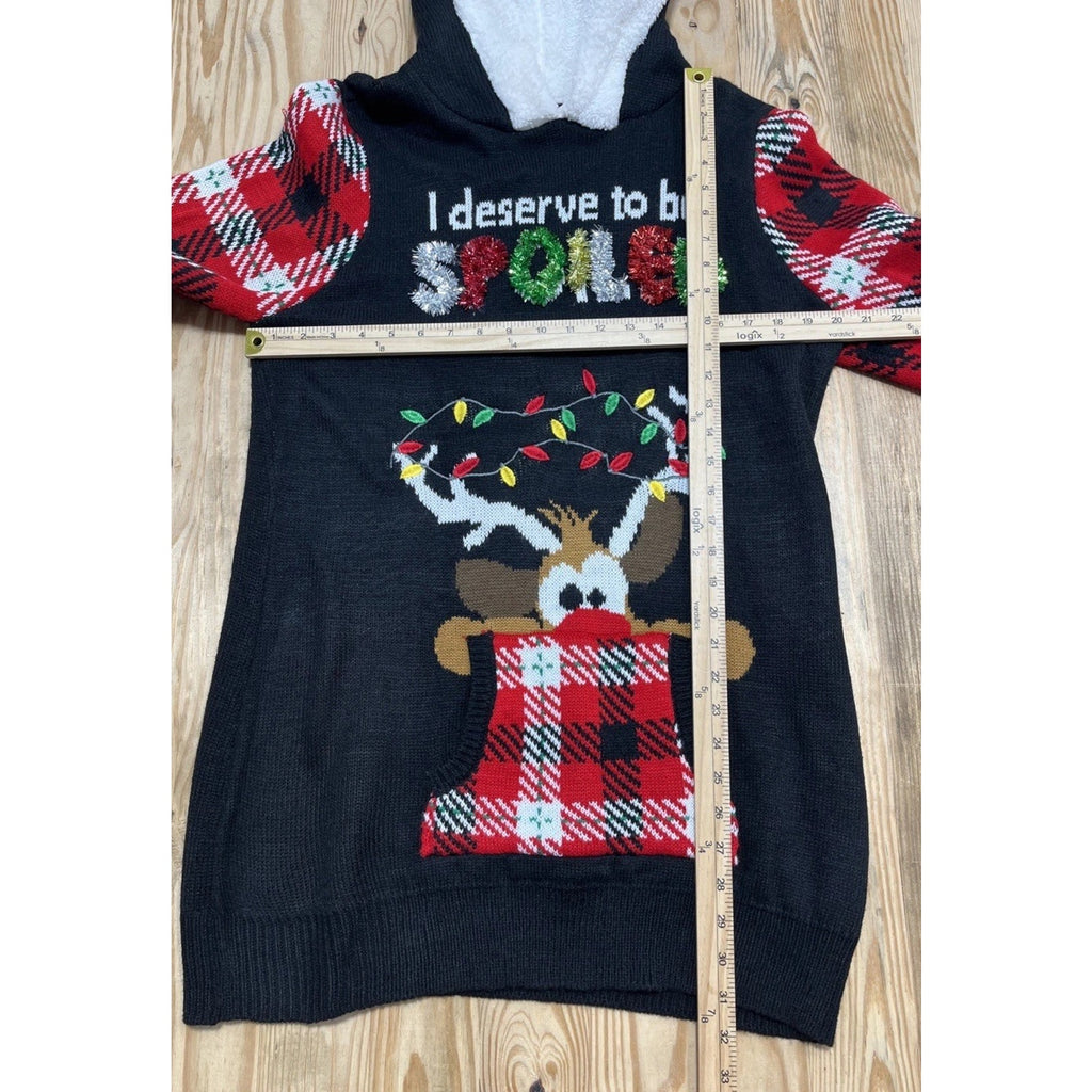Womens NOBO Black w/Red Plaid Sleeves Hoodie Christmas Tunic Sweater Size XXL