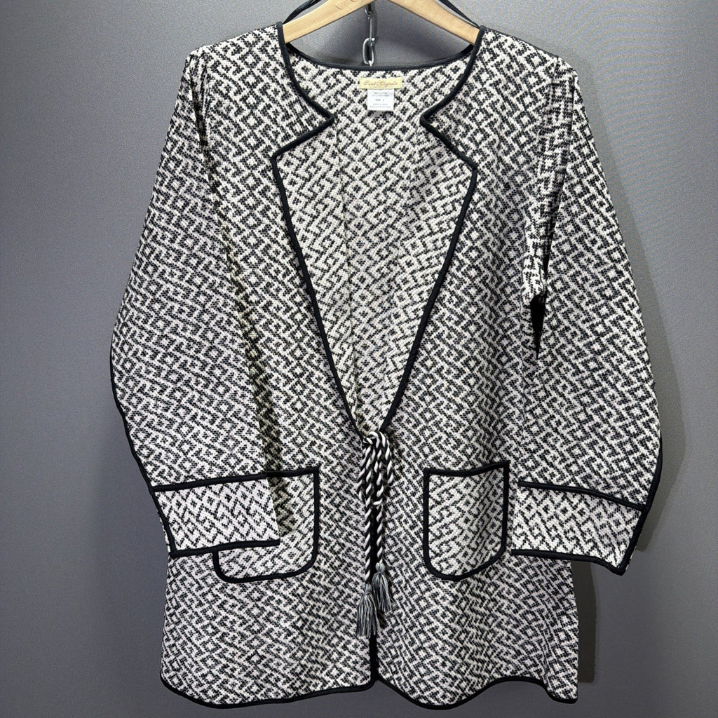 Sweet Magnolia Cardigan Jacket Womens L Black White Geometric Tassel Tie NWOT